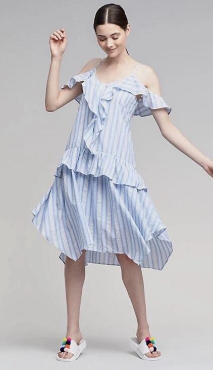 Moon River Dresses & Skirts - Moon River Anthropologie Blue White Stripe Ruffle Asymmetric Hanky Hem Dress M